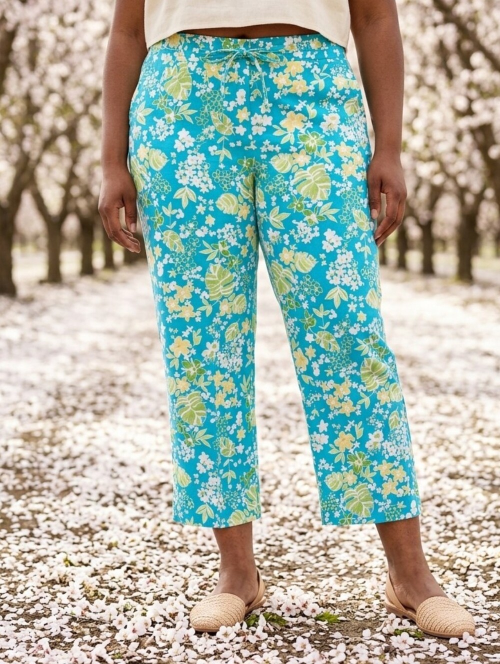 Sag Harbor Sport NWT Turquoise Tropical Floral Comfort Stretch Cropped Pants 14